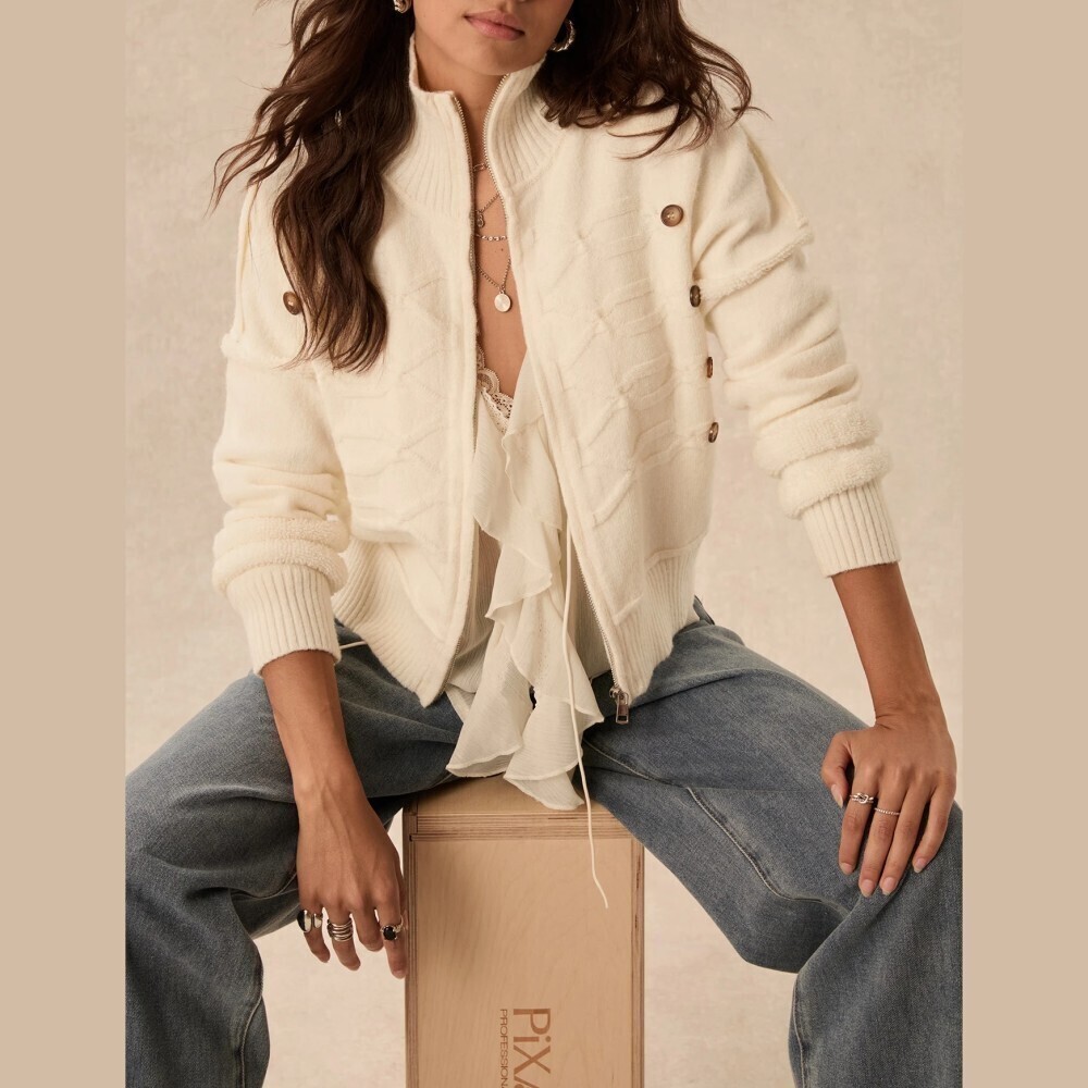 Cream Textured Knit Military Band Button Trim Zip Front High Neck Cardigan